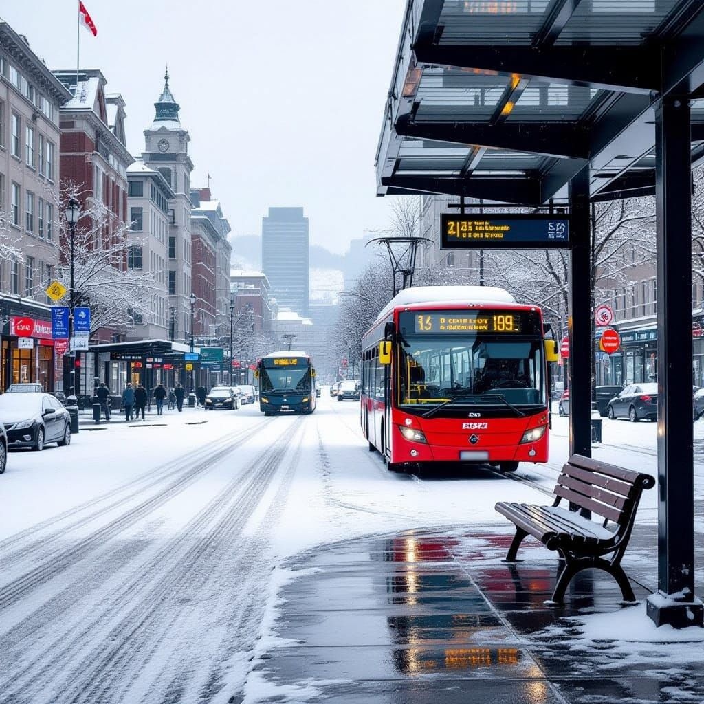 Snow-Covered Bus Station on a Winter Road
