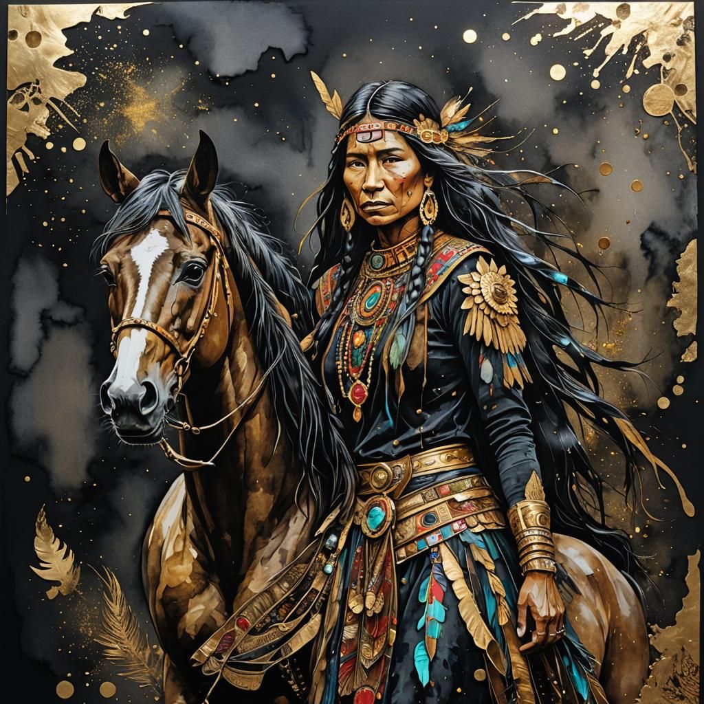 Native American Woman and Horse in Mixed Media