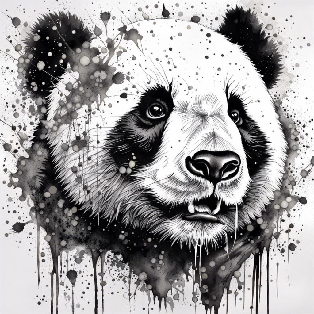 Detailed Ink Panda Portrait with Paint Splashes