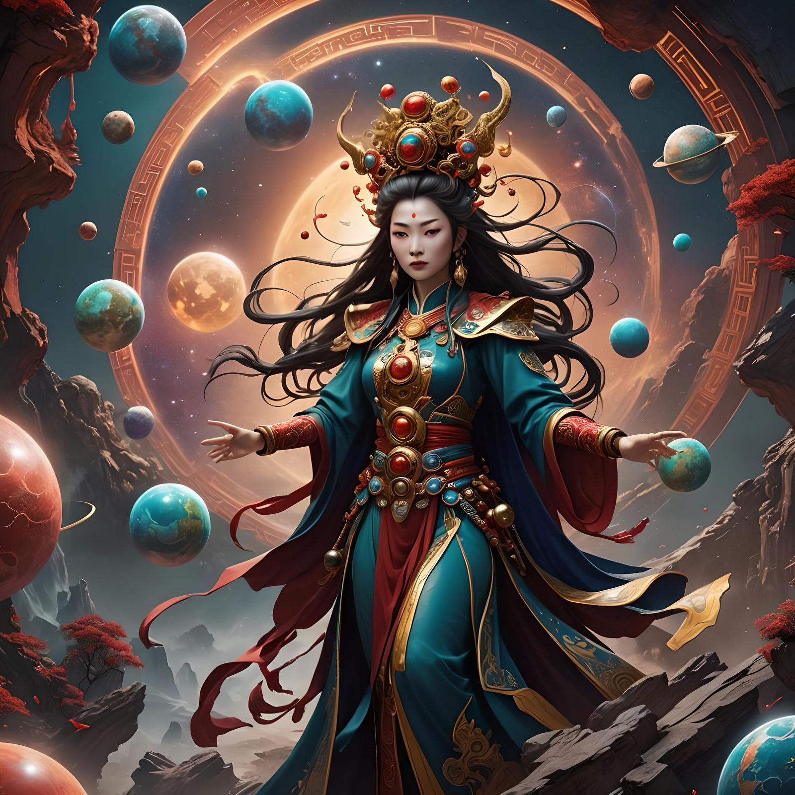 Chinese Immortal Goddess Moving Planets: Detailed Digital Ar...