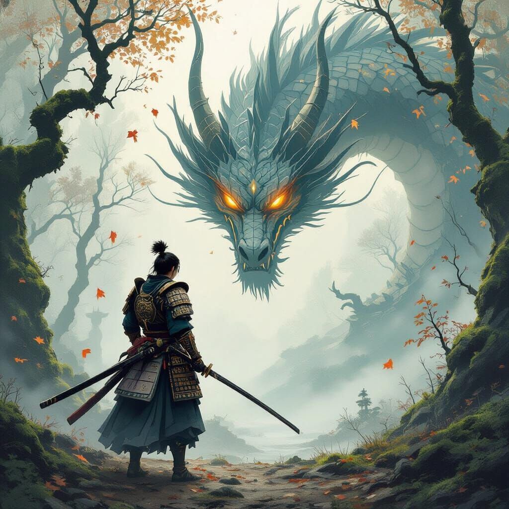 Samurai and Dragon in Mystical Forest