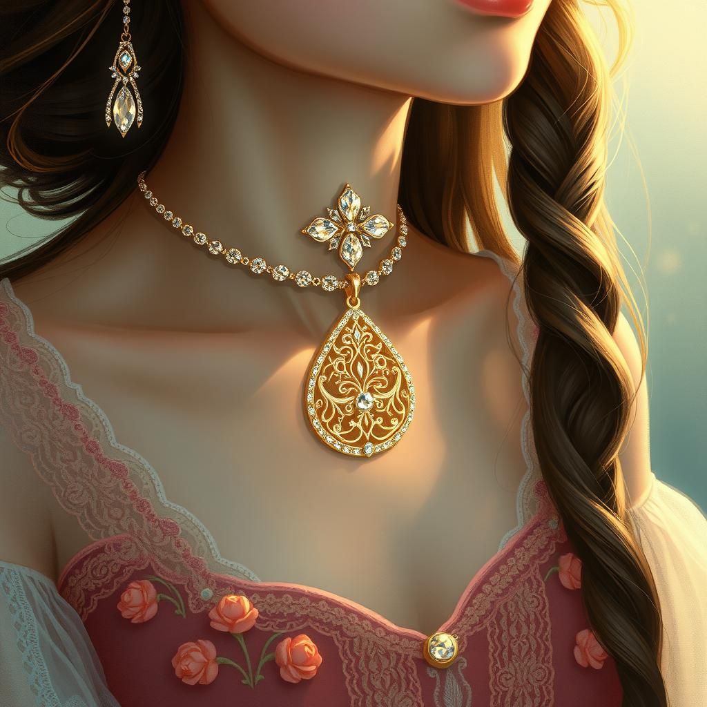 Girl with Rabbit Foot Necklace in Art Nouveau Style