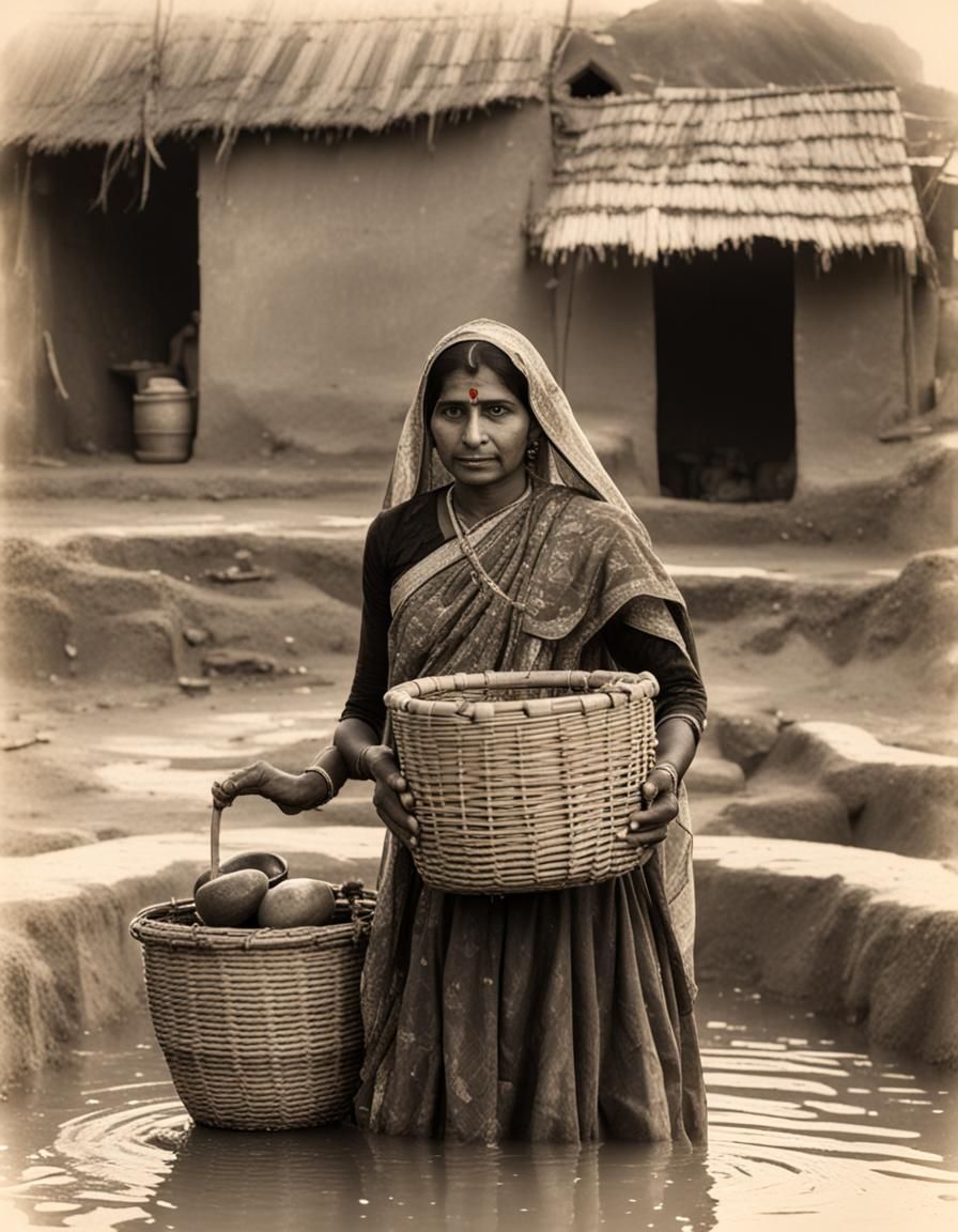 Indian Woman at Village Well with Basket