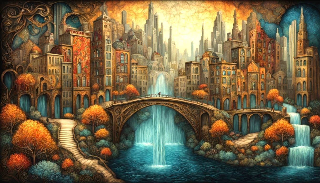 Embroidered Waterfall Cityscape in Art Nouveau Style