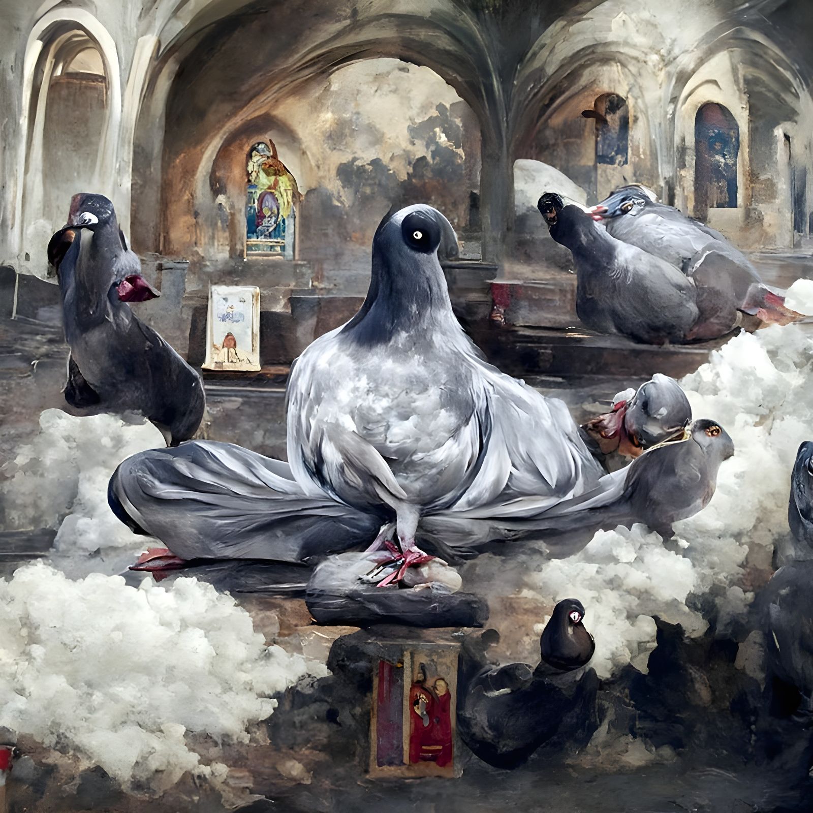 Surreal Pigeon Religious Art in Digital Illustration