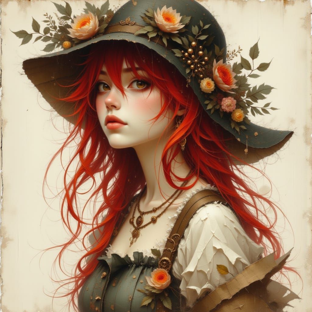 Gothic Redhead Girl Wearing a Hat in Oil Painting Style