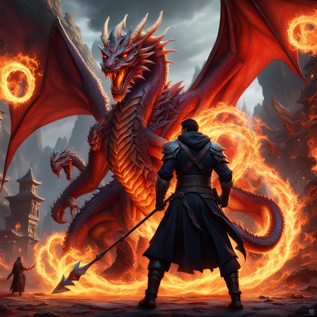 Pyromancer Faces Red Dragon in Detailed Fantasy Art