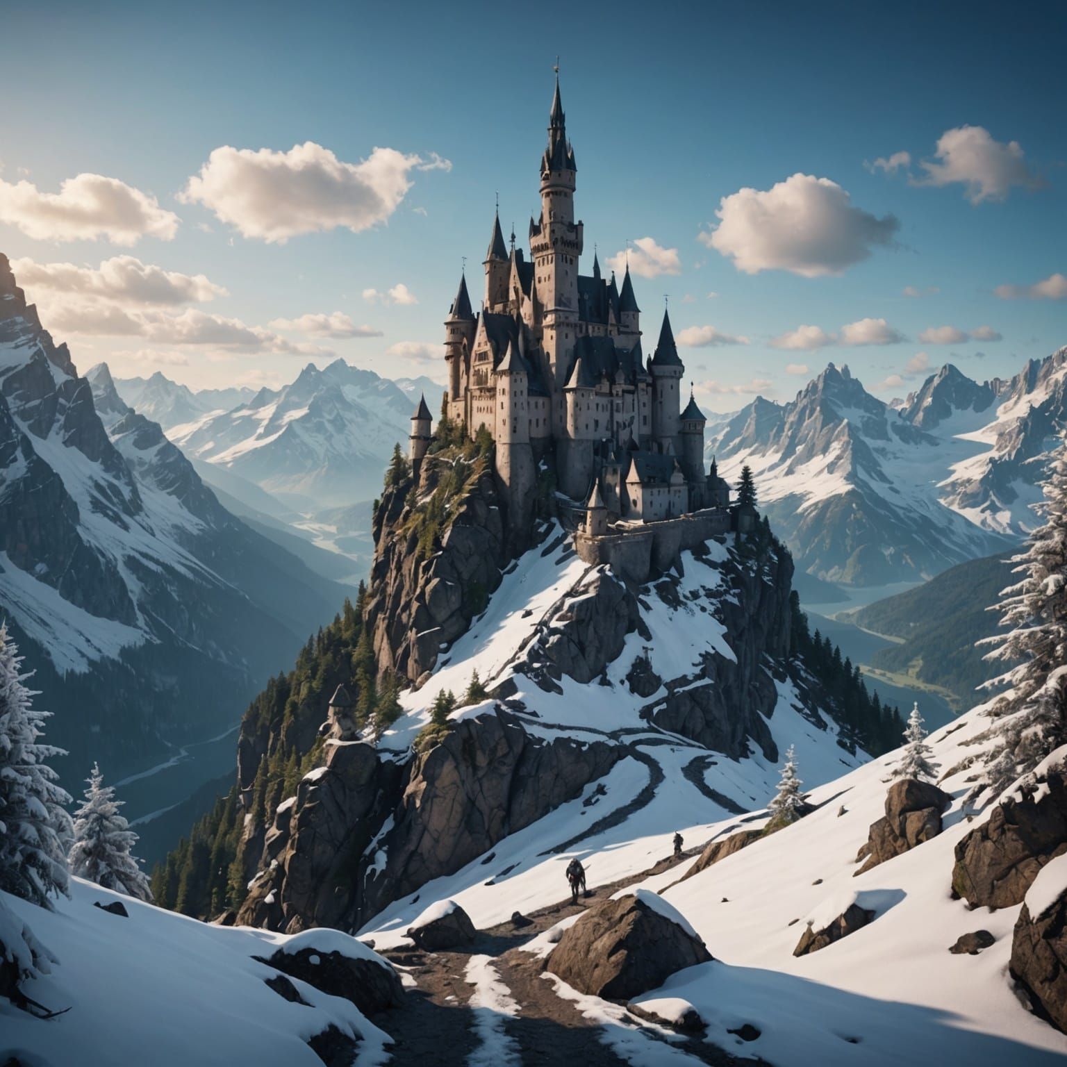 Snowy Owl on Turret in Detailed Matte Painting