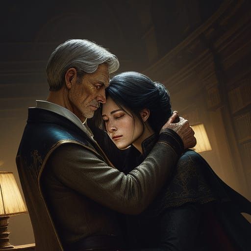 Woman Touches Man's Face in Ancient Library