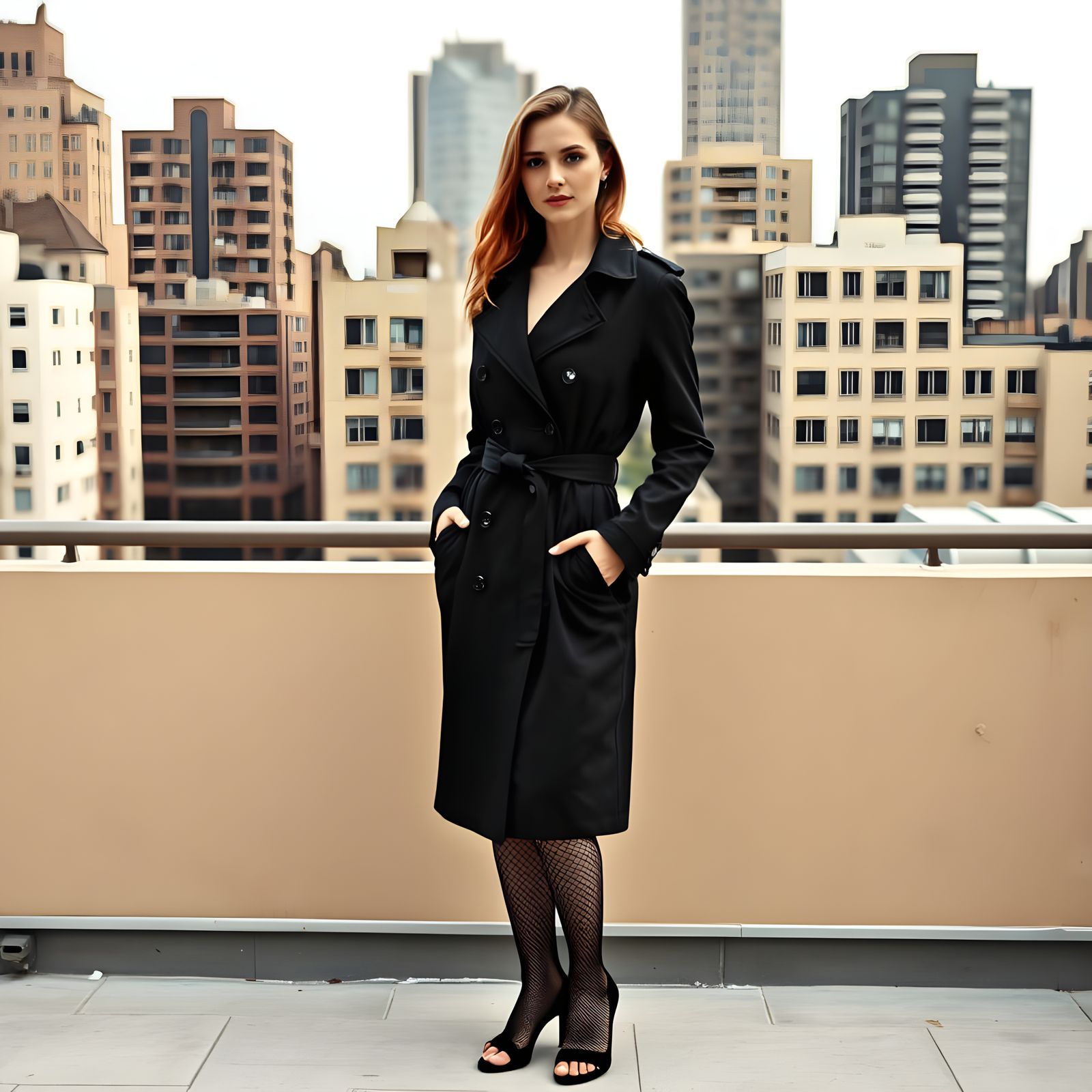 Elegant Woman in Black Trench Coat on City Rooftop
