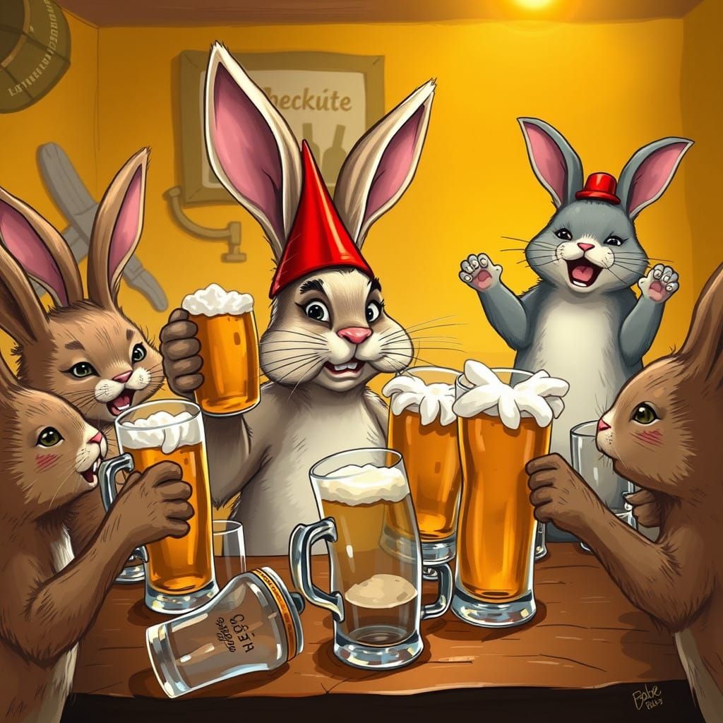 Whimsical Rabbits and Cats Enjoy a Rowdy Night Out in a Cozy...