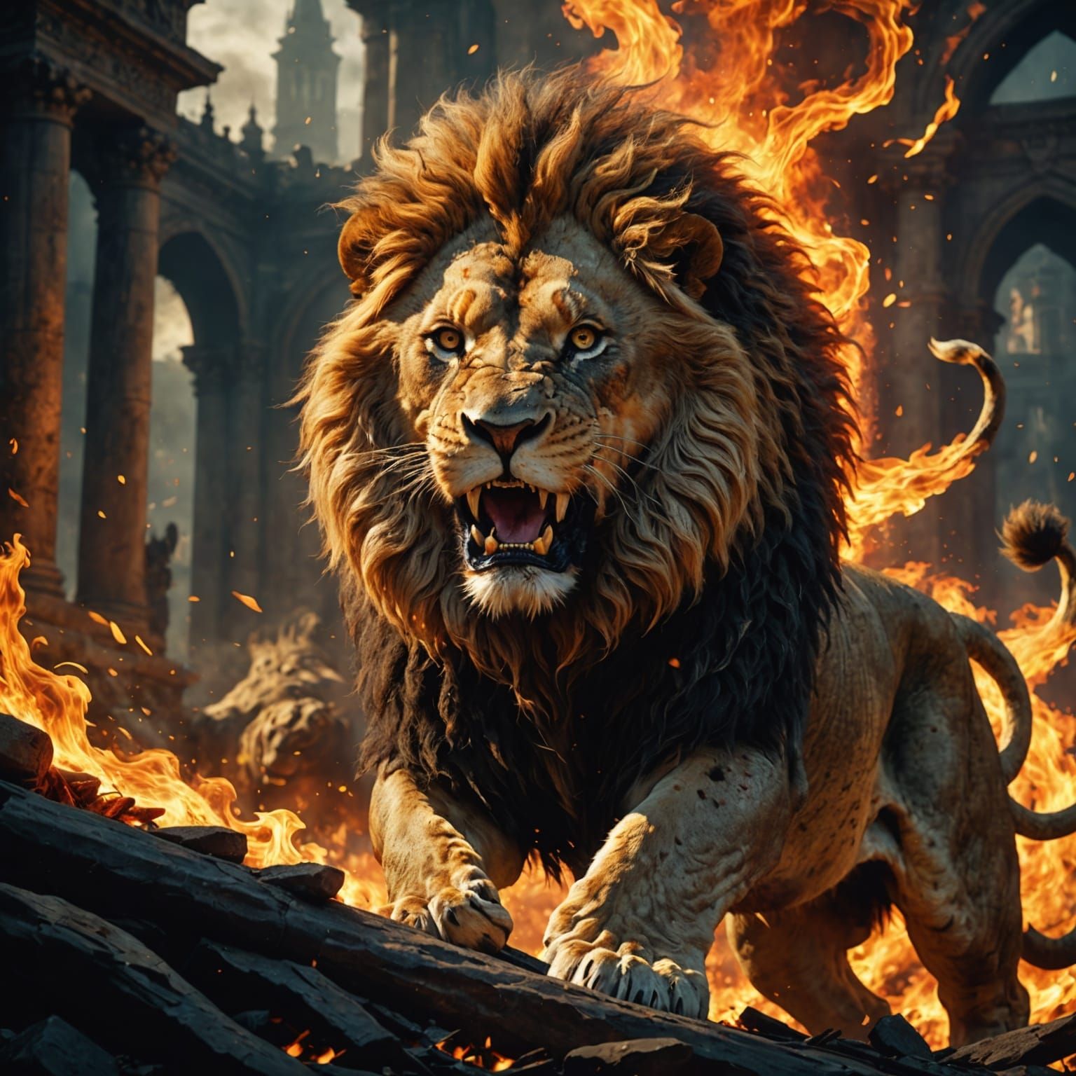 Roaring Wounded Lion in Burning Landscape