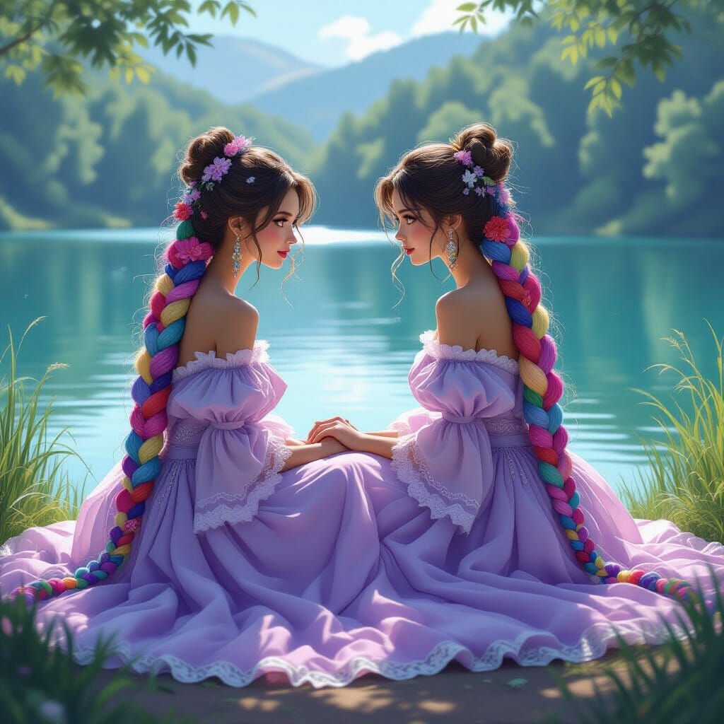 Woman with Rainbow Braids by Lake, in Charcoal