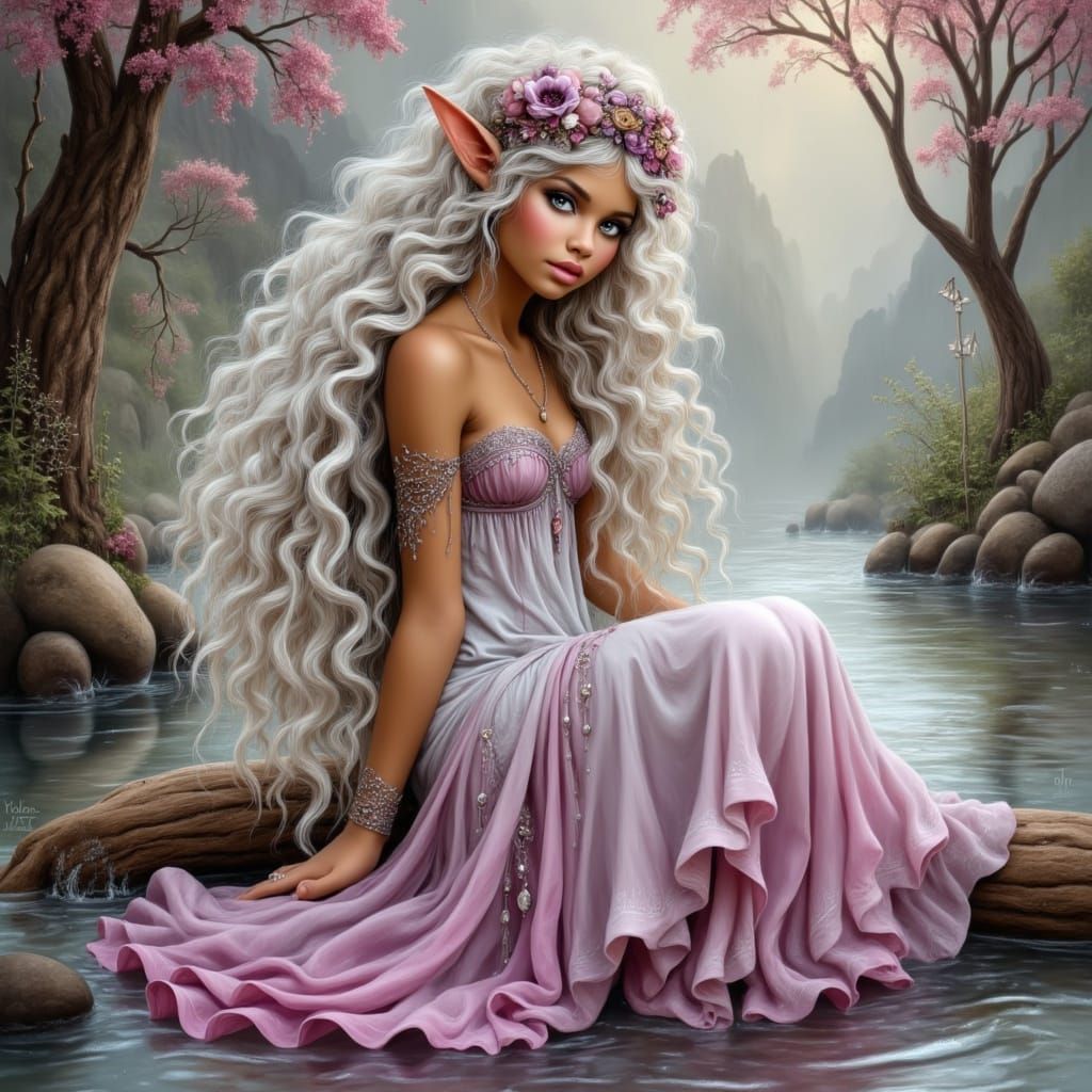 Elegant Elven Woman in Bohemian Gown by Riverbank