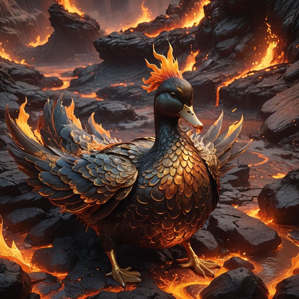 Phoenix Duck in Lava Armor: Fantasy Concept Art
