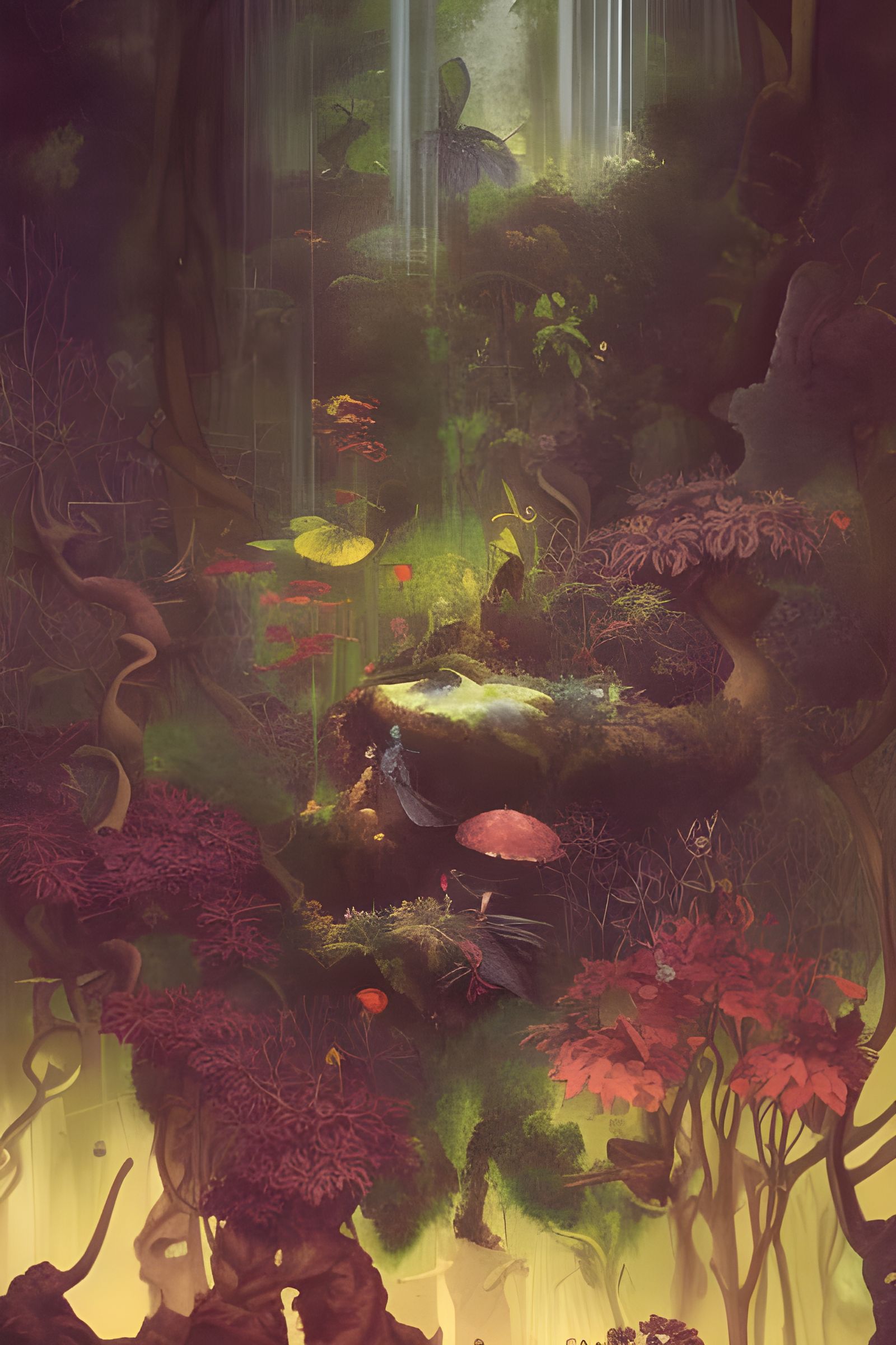 Lush Garden Scene with Surreal Magical Elements