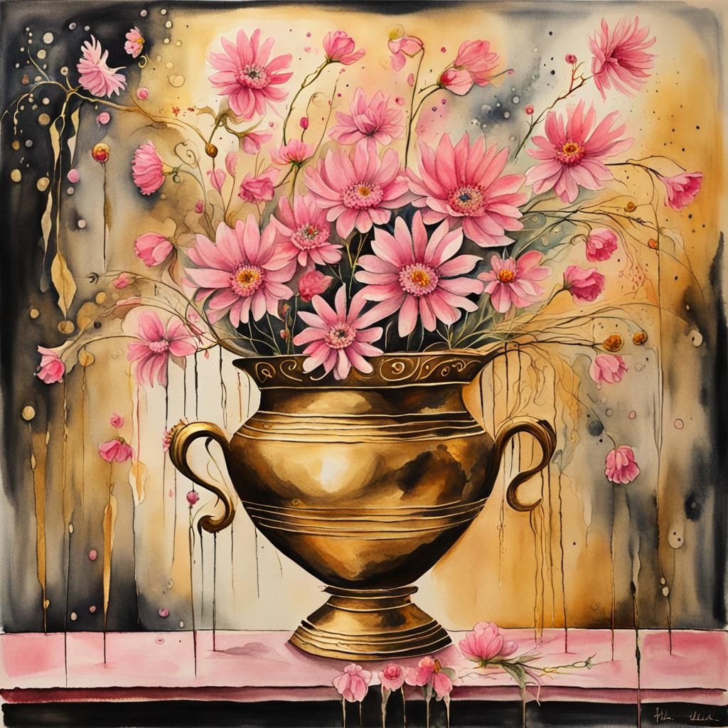 Surrealist Blooms in Golden Vase