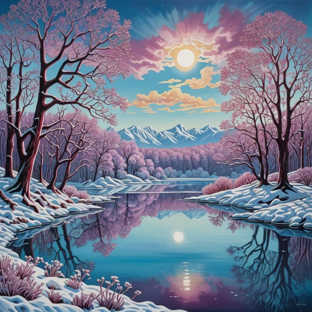 Serene Lake Reflects Mountains in Surrealist Style