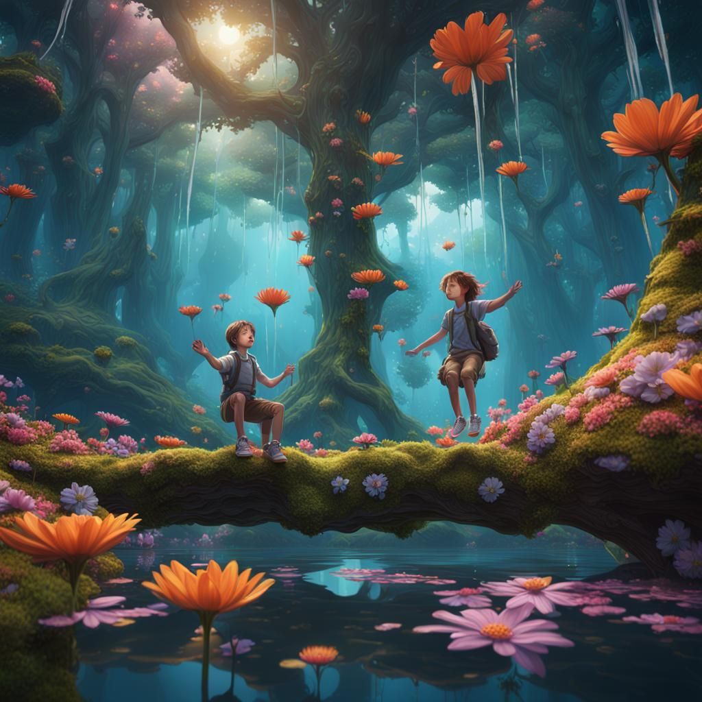 Children Float in Upside Down Fantasy Forest