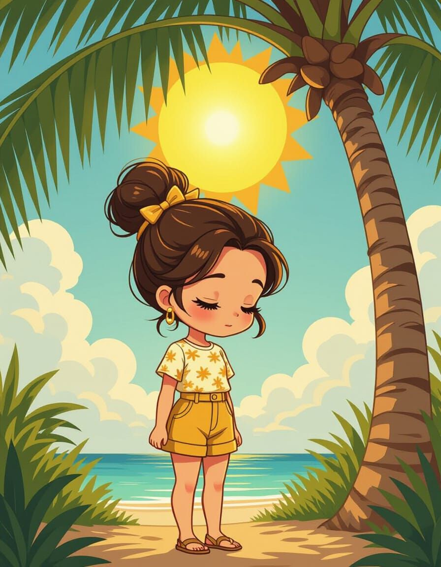 Chibi Manga Woman Under Palm Tree in Côte d'Ivoire