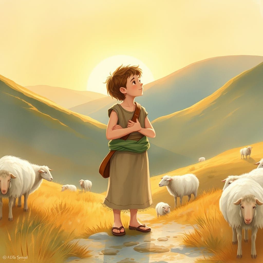 Shepherd Boy in Valley: Watercolor Children's Book Illustrat...