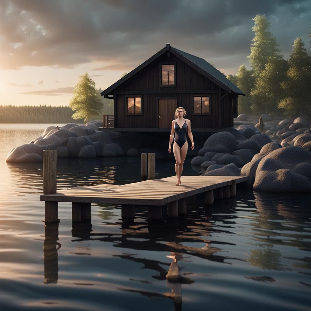 Woman Swimming in Lake: Detailed Matte Painting