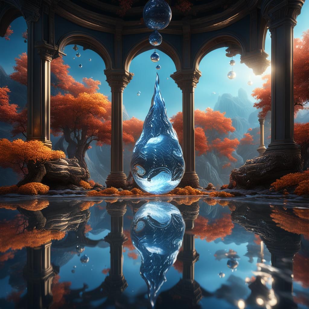Reflective Water Drop in Detailed Matte Painting