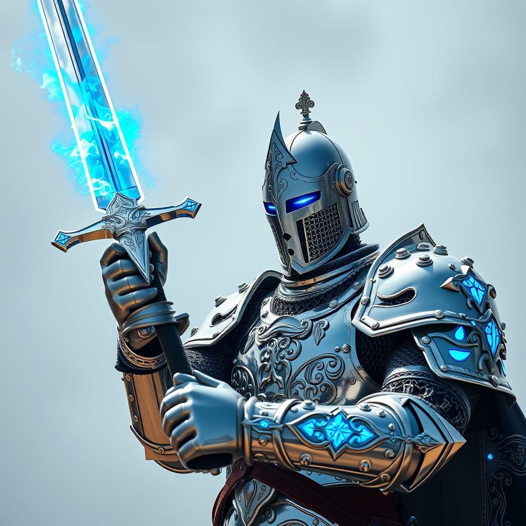 Glowing Chrome Knight in Triumphant Pose