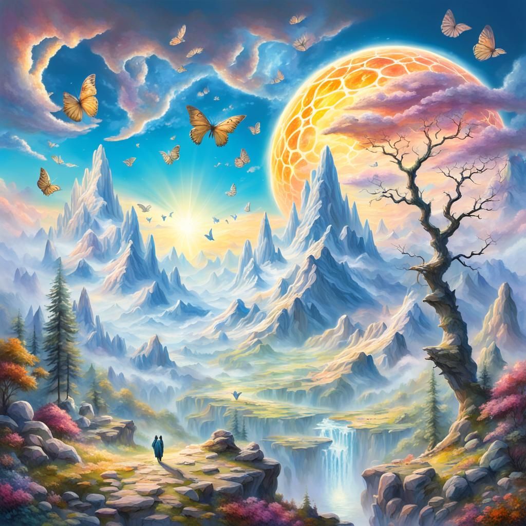 Ethereal Alien Landscape with Giant Butterflies