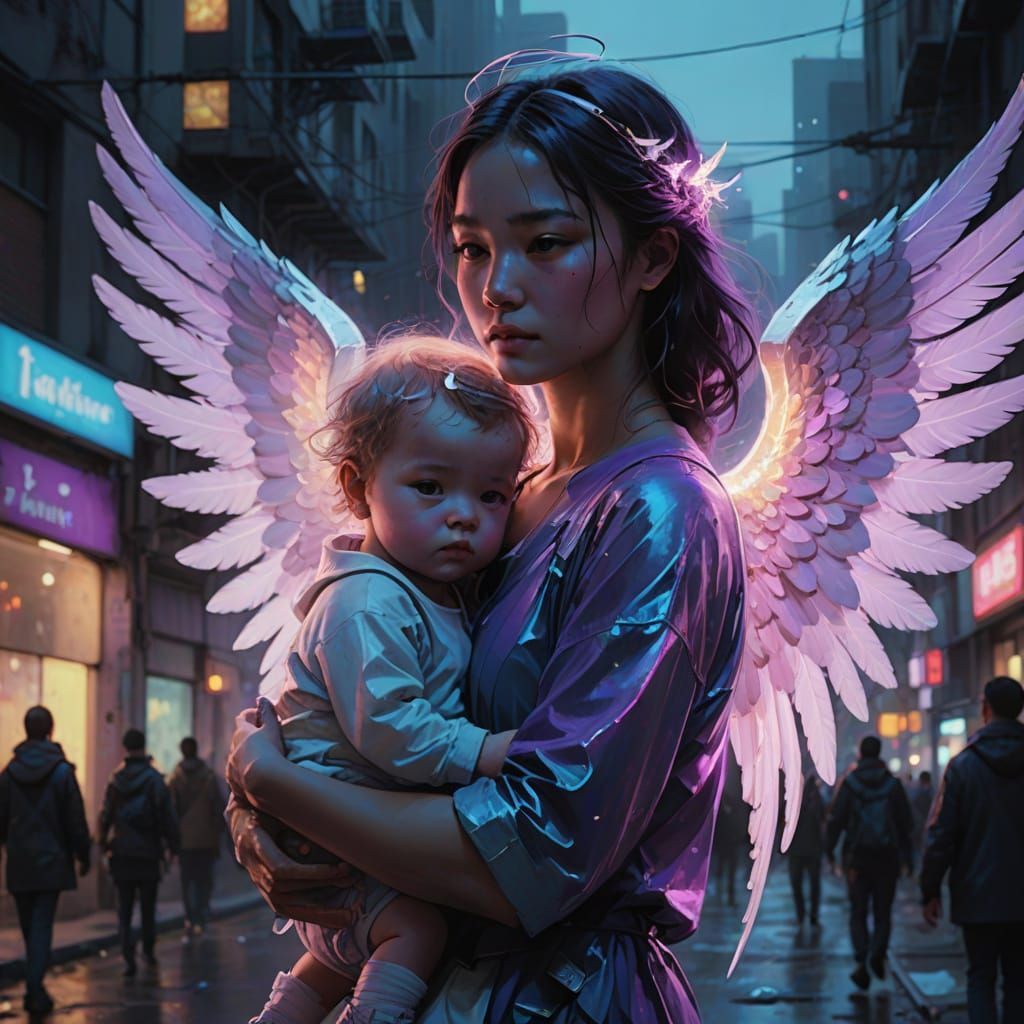 Neon Angel Carries Baby Through Cityscape