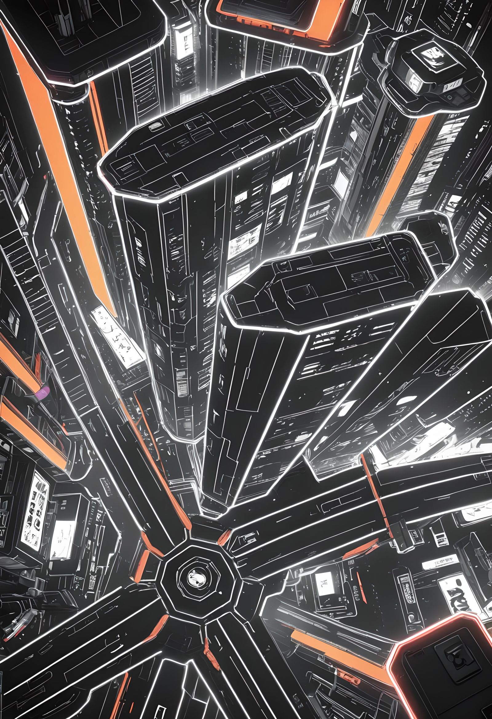 Cyberpunk Neon City in Manga Style, Black and White