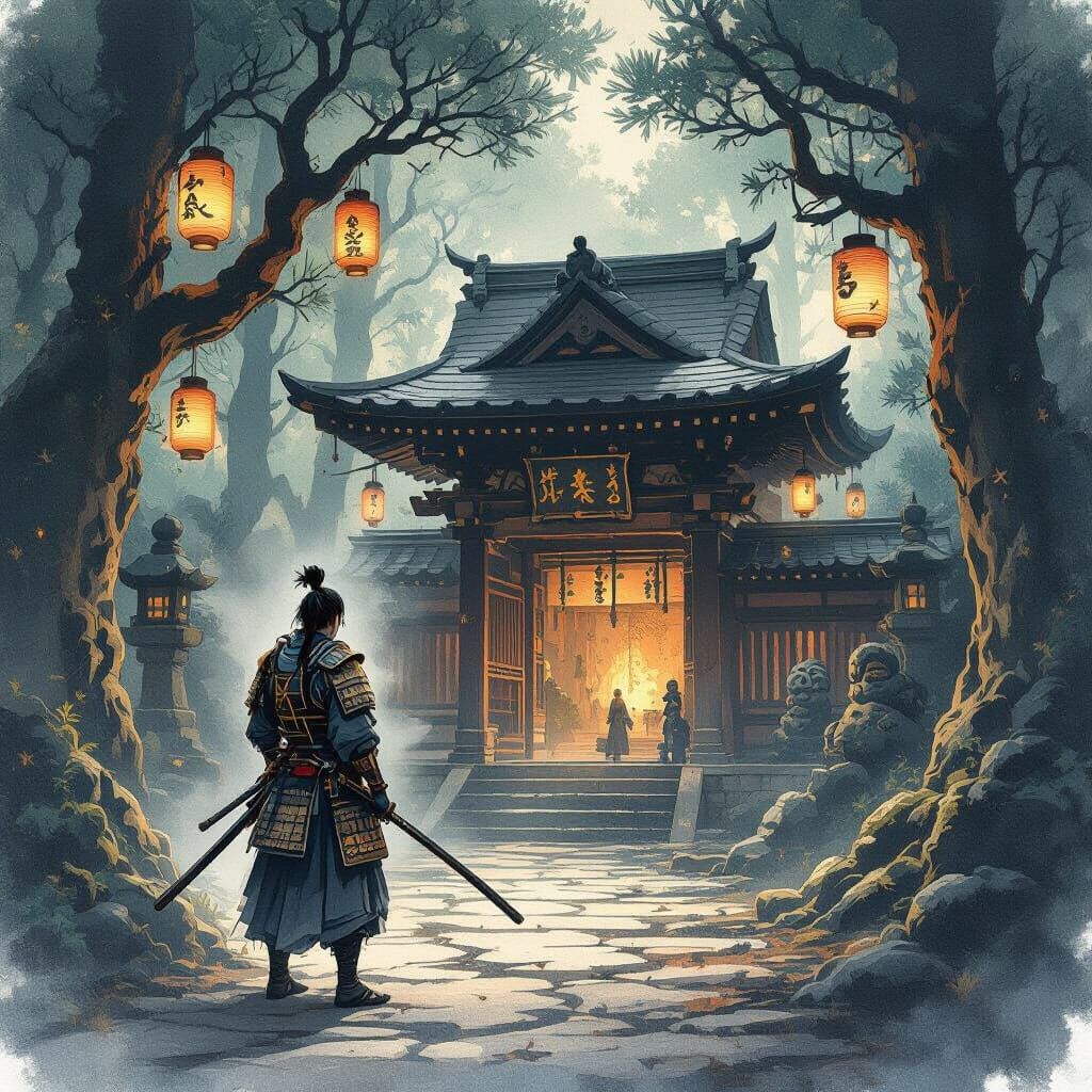 Samurai Guardian in Enchanted Forest: Digital Art