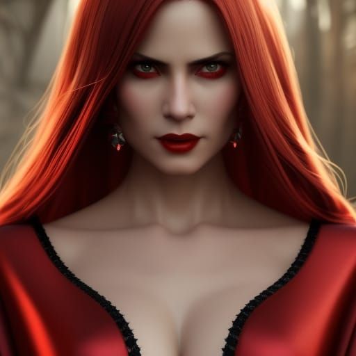 Vampire Portrait with Red Dress in Hyperrealistic Style