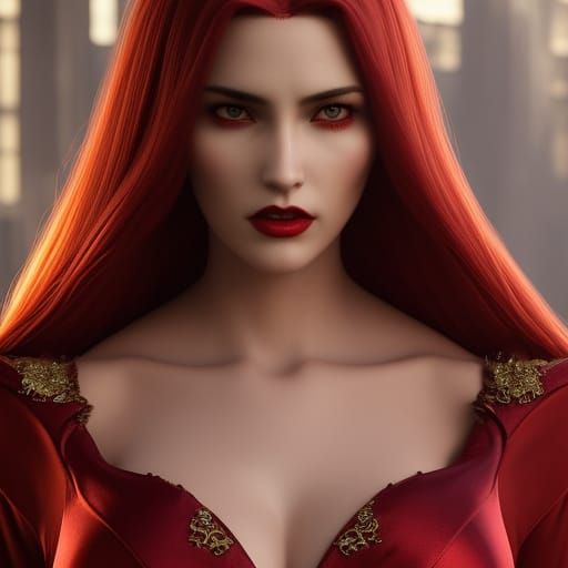 Vampire Portrait with Red Dress in Hyperrealistic Style