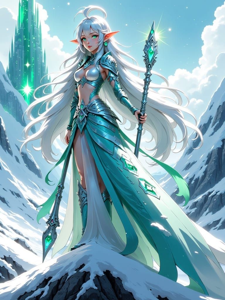 Anime Elf on Snowy Mountain in Futuristic Style
