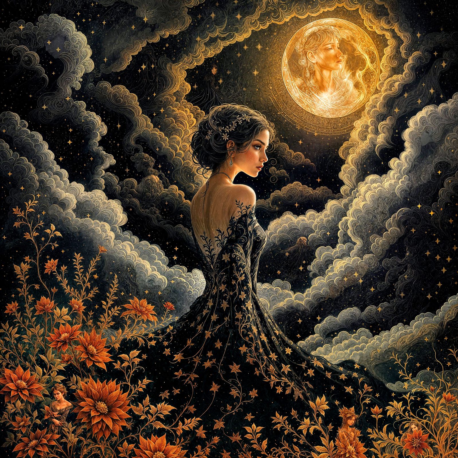 Fantastical Starry Storm with Woman in Cathedral