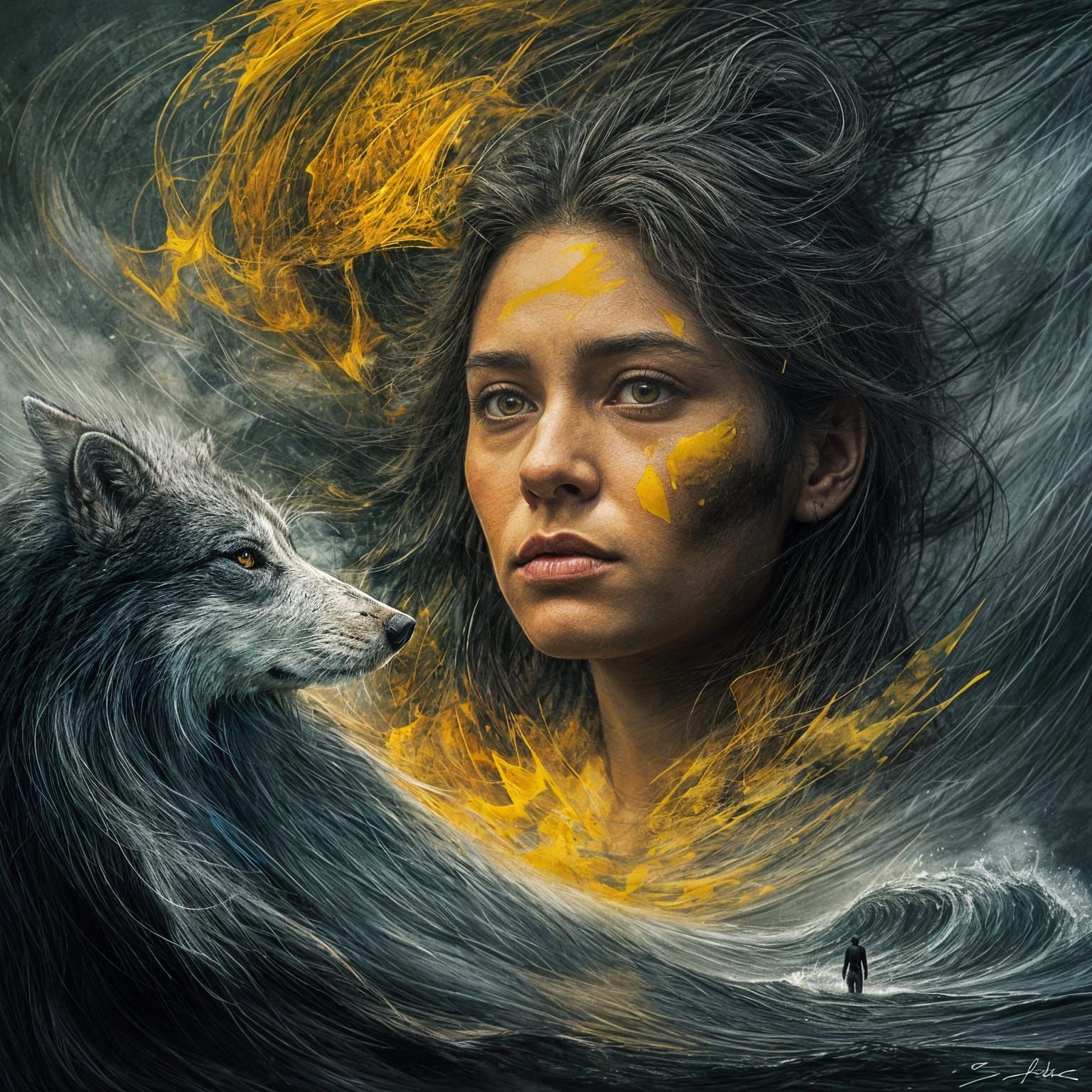 Surreal Double Exposure of Wolf-Human Hybrid Emerging from S...