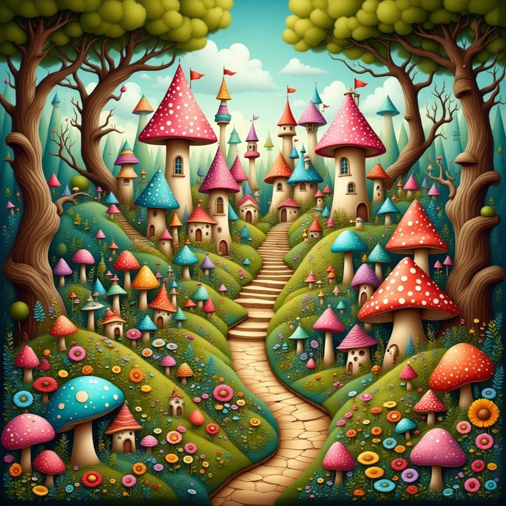 Enchanted Village in Magical Forest with Polka Dot Mushrooms