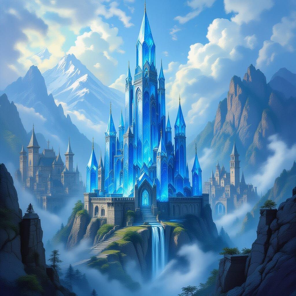 Blue Crystal Tower in Elven City Oil Painting
