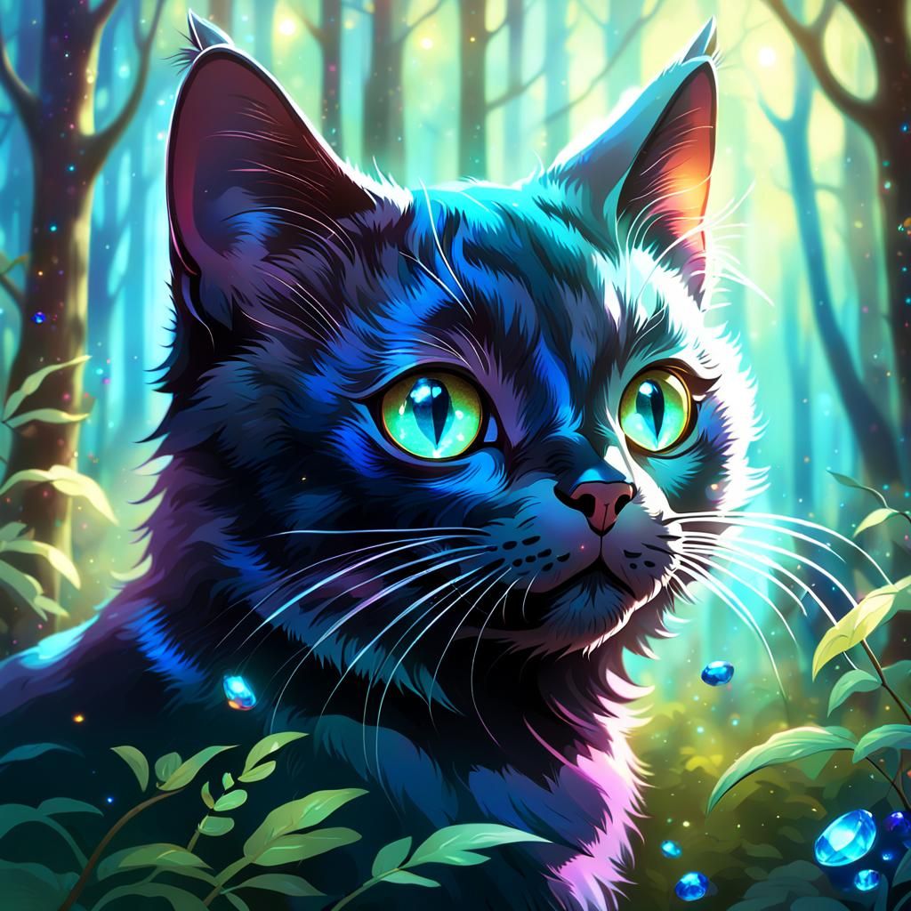 Enchanting Forest Cat with Iridescent Eyes