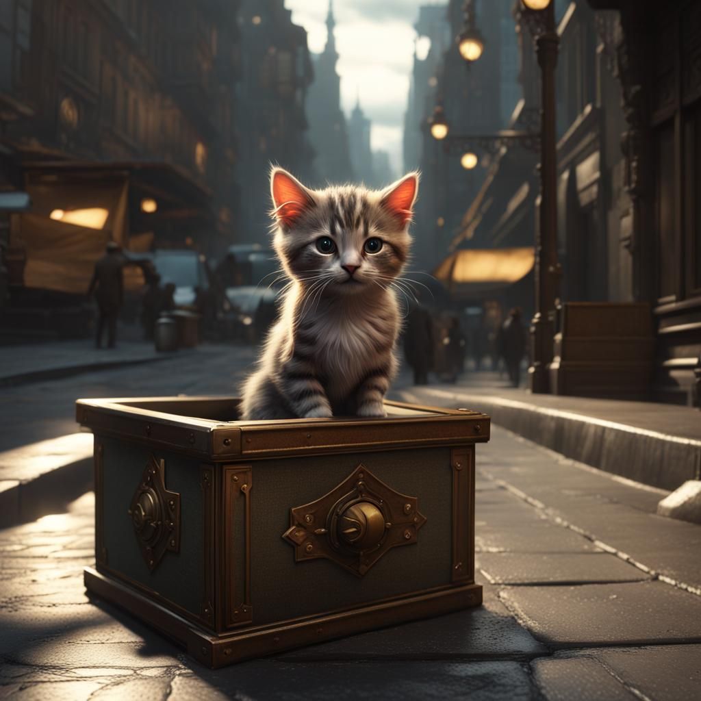 Lost Kitten in Cityscape: Dark Fantasy Concept Art
