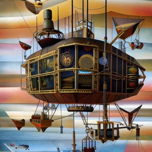 Steampunk Airship Paper Collage in Geometric Art Style