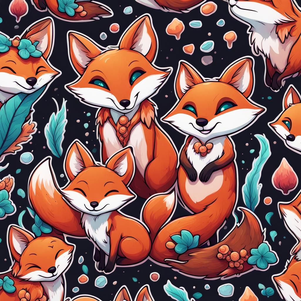 Kawaii Happy Foxes Vinyl Sticker Art