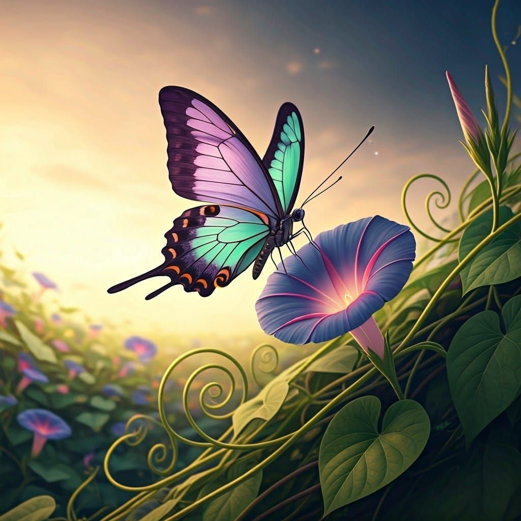 Iridescent Butterfly in a Whimsical Morning Glory Field