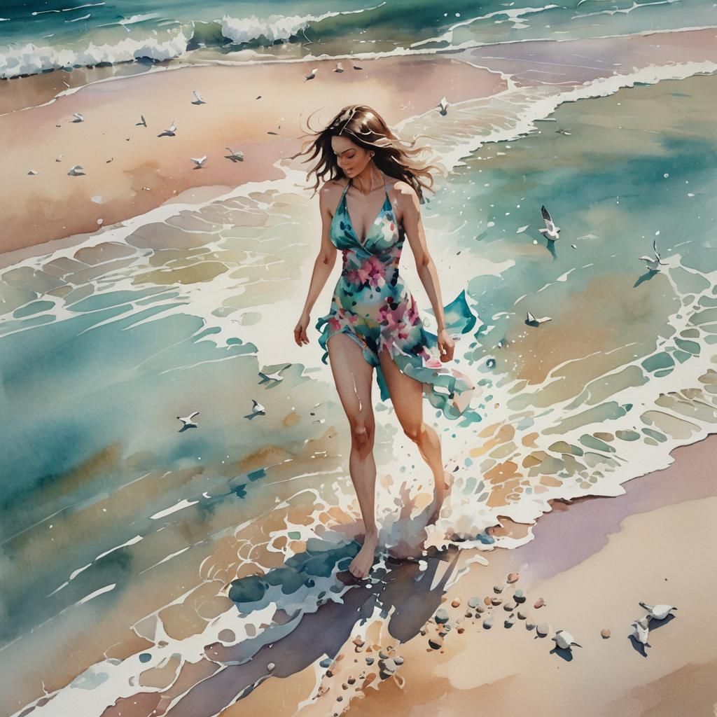 Seaside Lady on Pebble Beach as Watercolor Splash Art