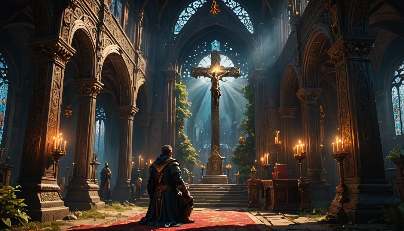 Knight Contemplates Divine Light, Detailed Matte Painting