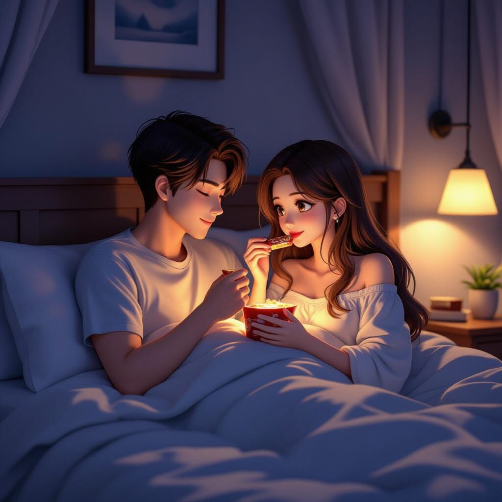 Intimate Moment: Couple Sharing Candy in Cozy Bed