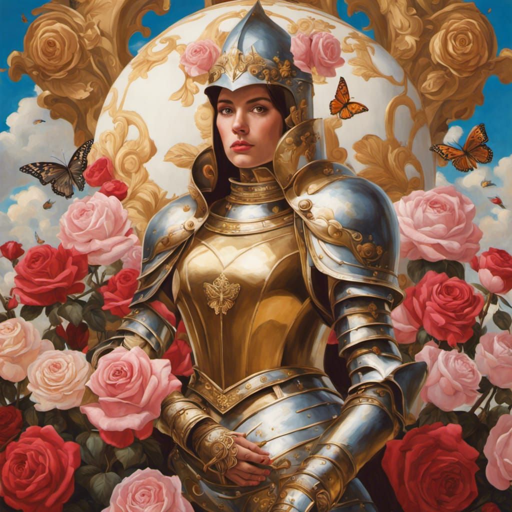 Woman Warrior in Gold Armor with Roses as Oil Painting