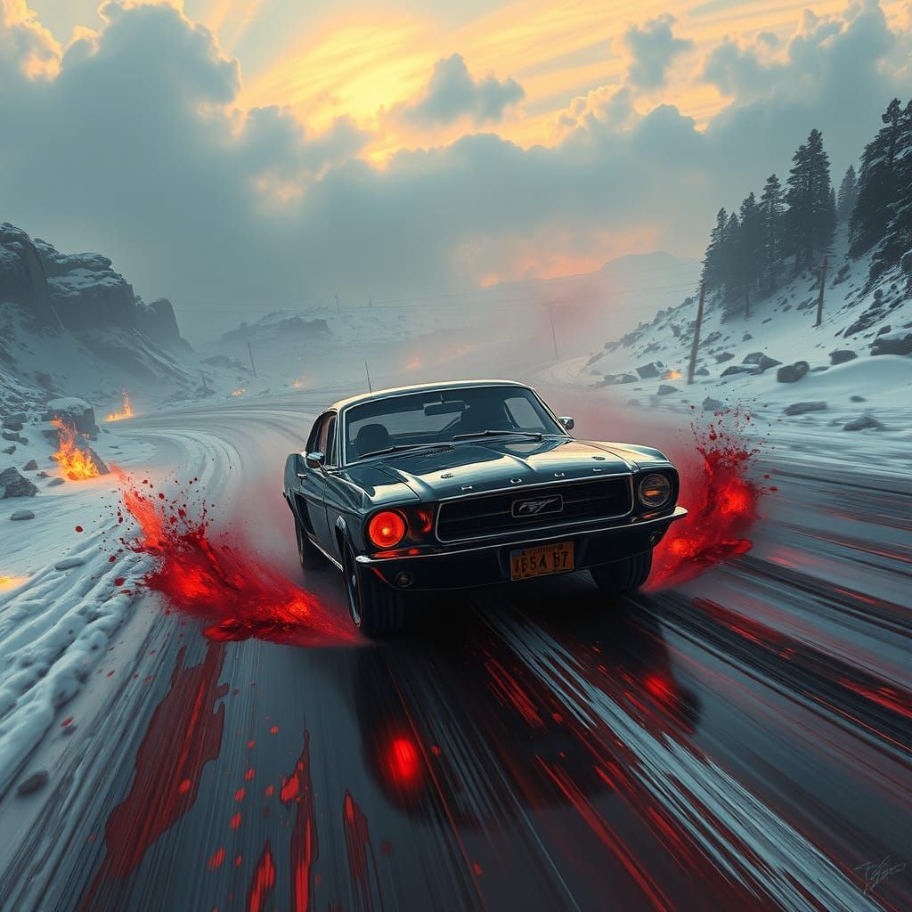 Post-Apocalyptic Mustang Fastback on a Desolate Road