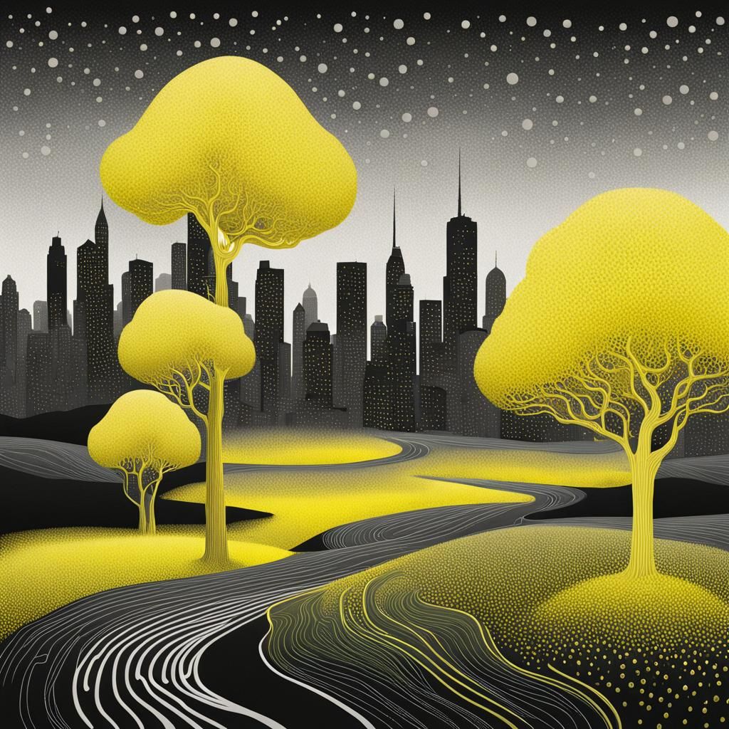 Surreal Pointillist Trees Meet Neon Cityscape